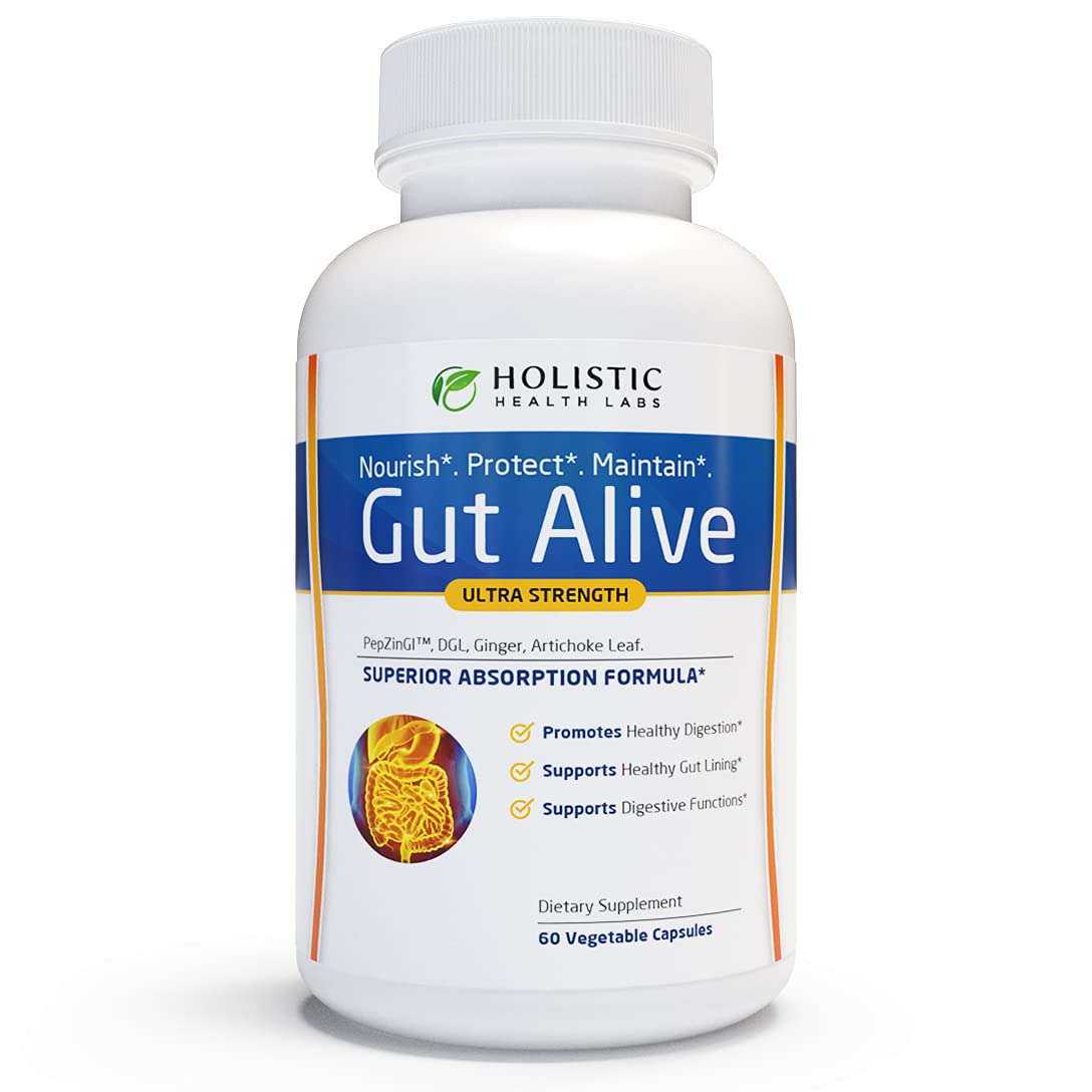 Gut Alive - All Natural Support to Fight IBS, Heartburn, Acid Indigestion, Acid Reflux, Bloating & Gas. Unique Formulation (60 Count)
