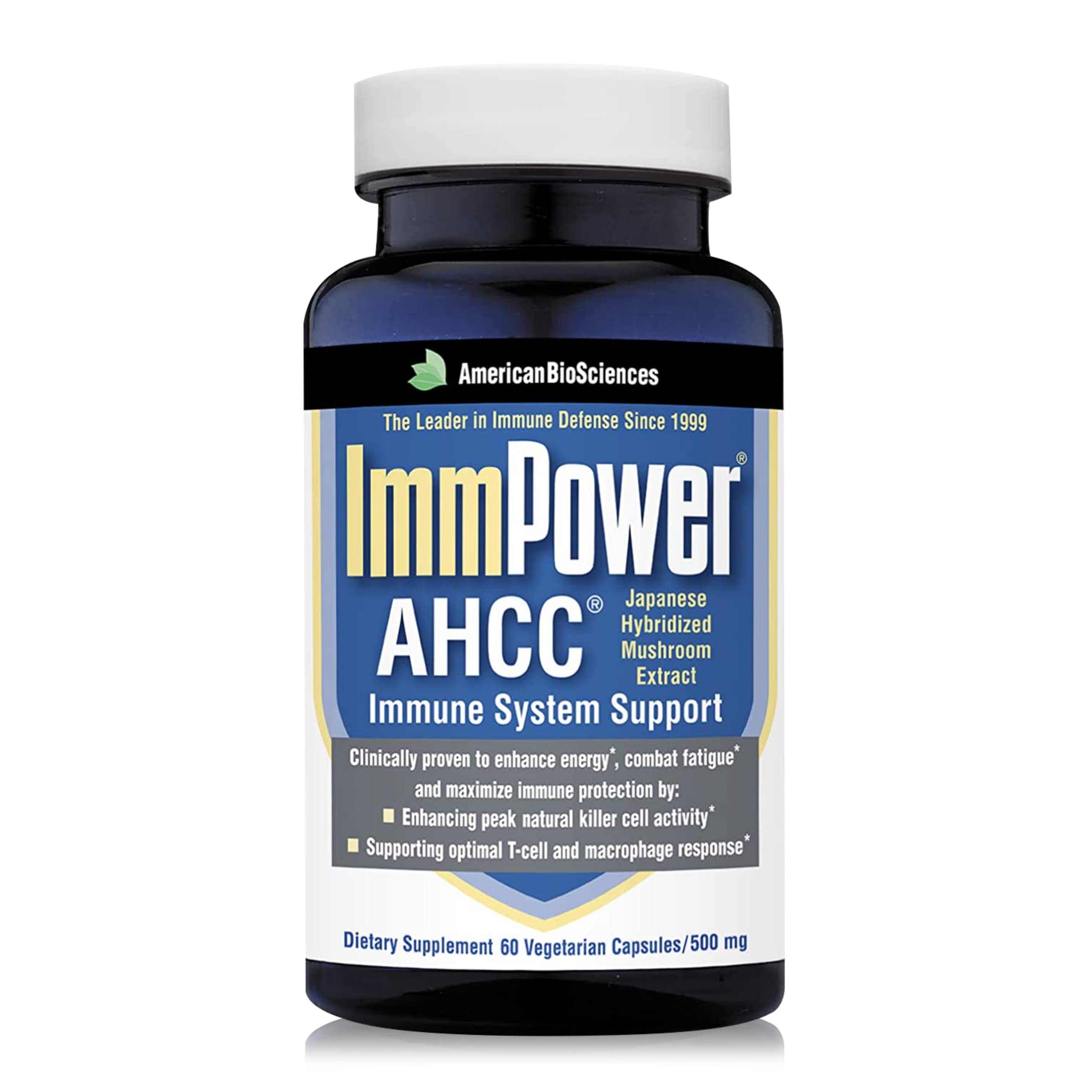 American BioSciences ImmPower AHCC Supplement, Vegetarian Capsules, Enhanced Immune Support, Natural Killer Cell Activity and Cytokine Production, 500 milligrams per Capsule
