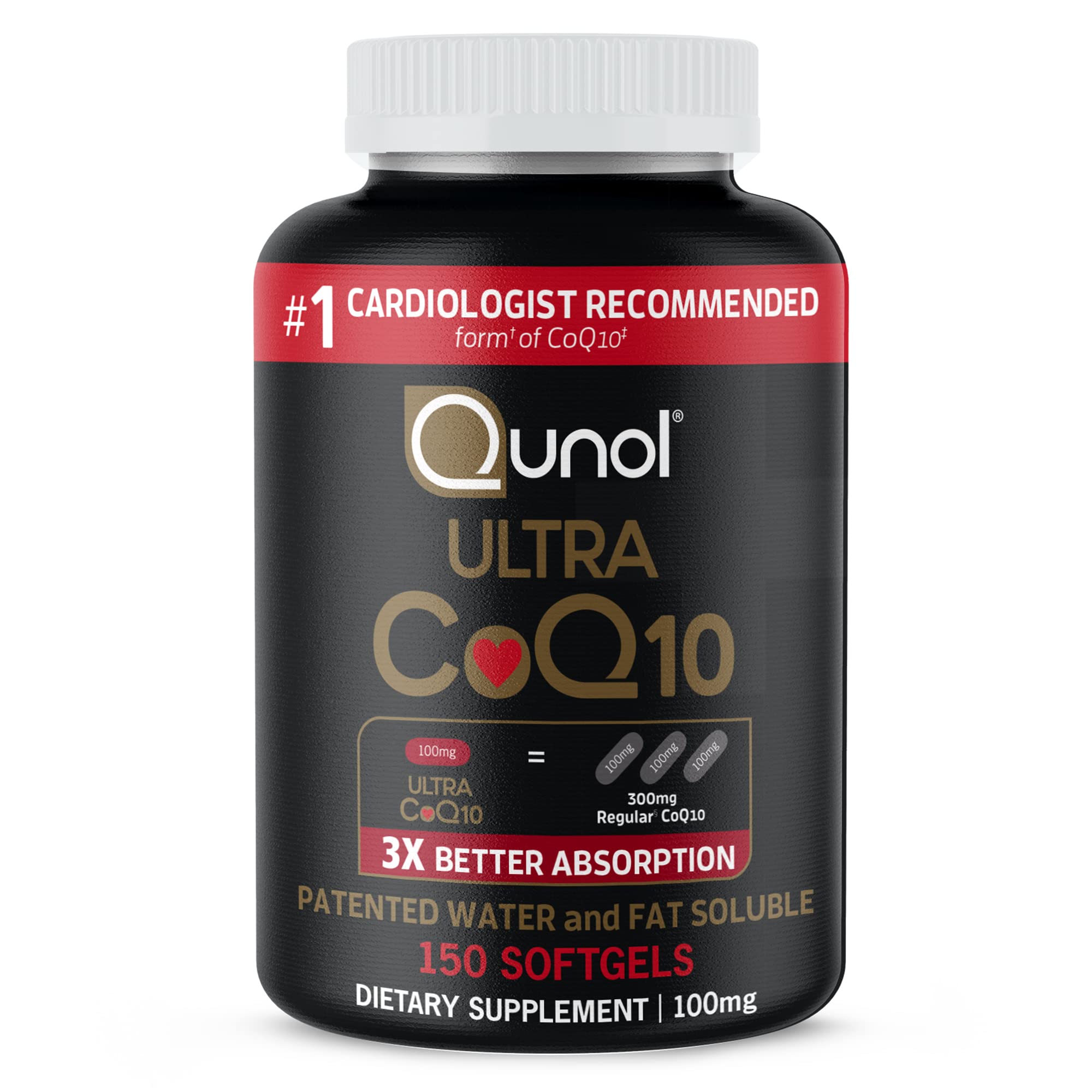 Qunol Ultra CoQ10 100mg Softgels- 3X Better Absorption Coenzyme Q10 Supplements - Antioxidant Supplement for Vascular and Heart Health & Energy Production - 5 Month Supply - 150 Count