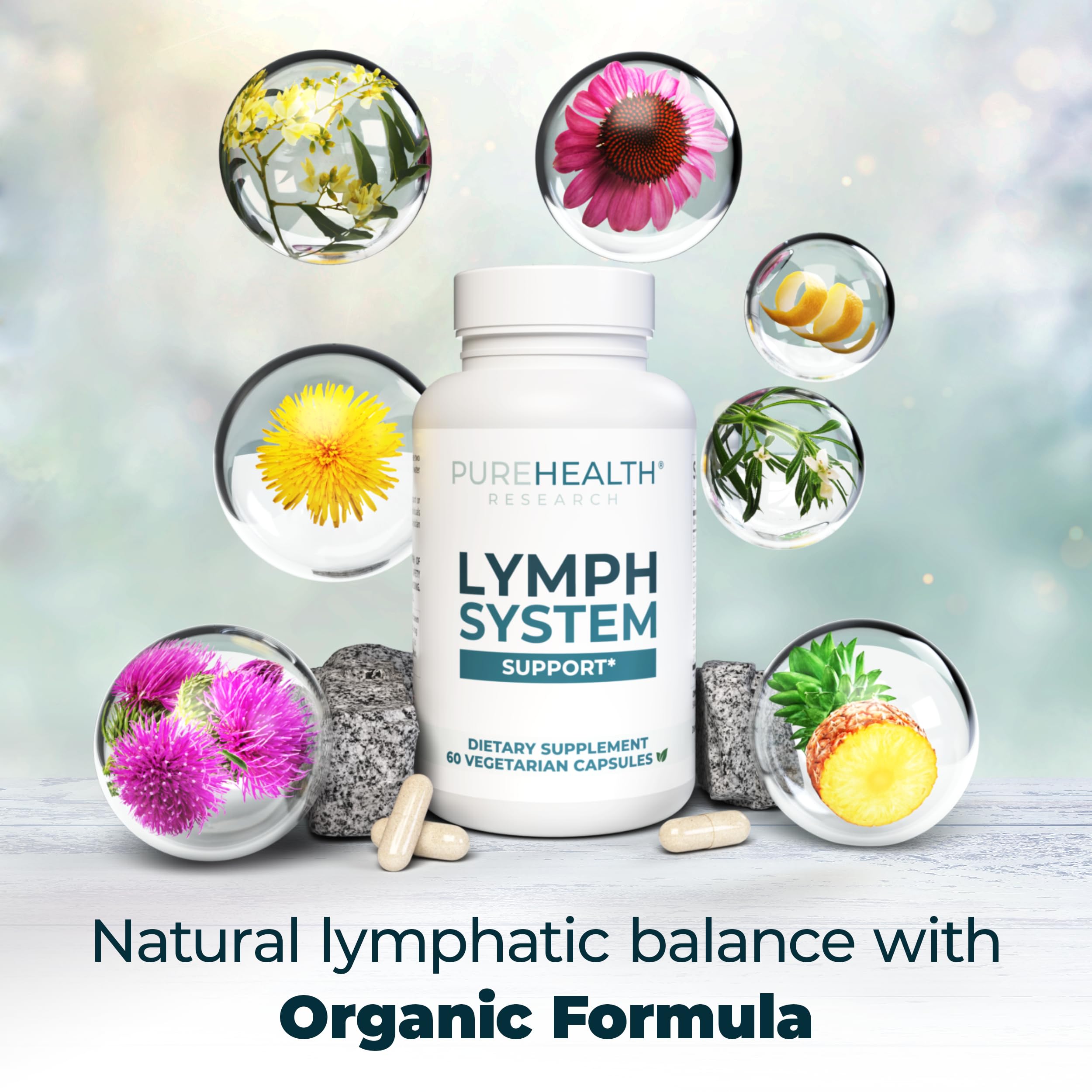 PUREHEALTH RESEARCH Lymph System Support Supplement - Lymphatic Drainage Supplement with Dandelion Extract, Cleavers, Burdock Powder - Reduce Swelling and Cleanse Lymph - 1 Bottle, Brown