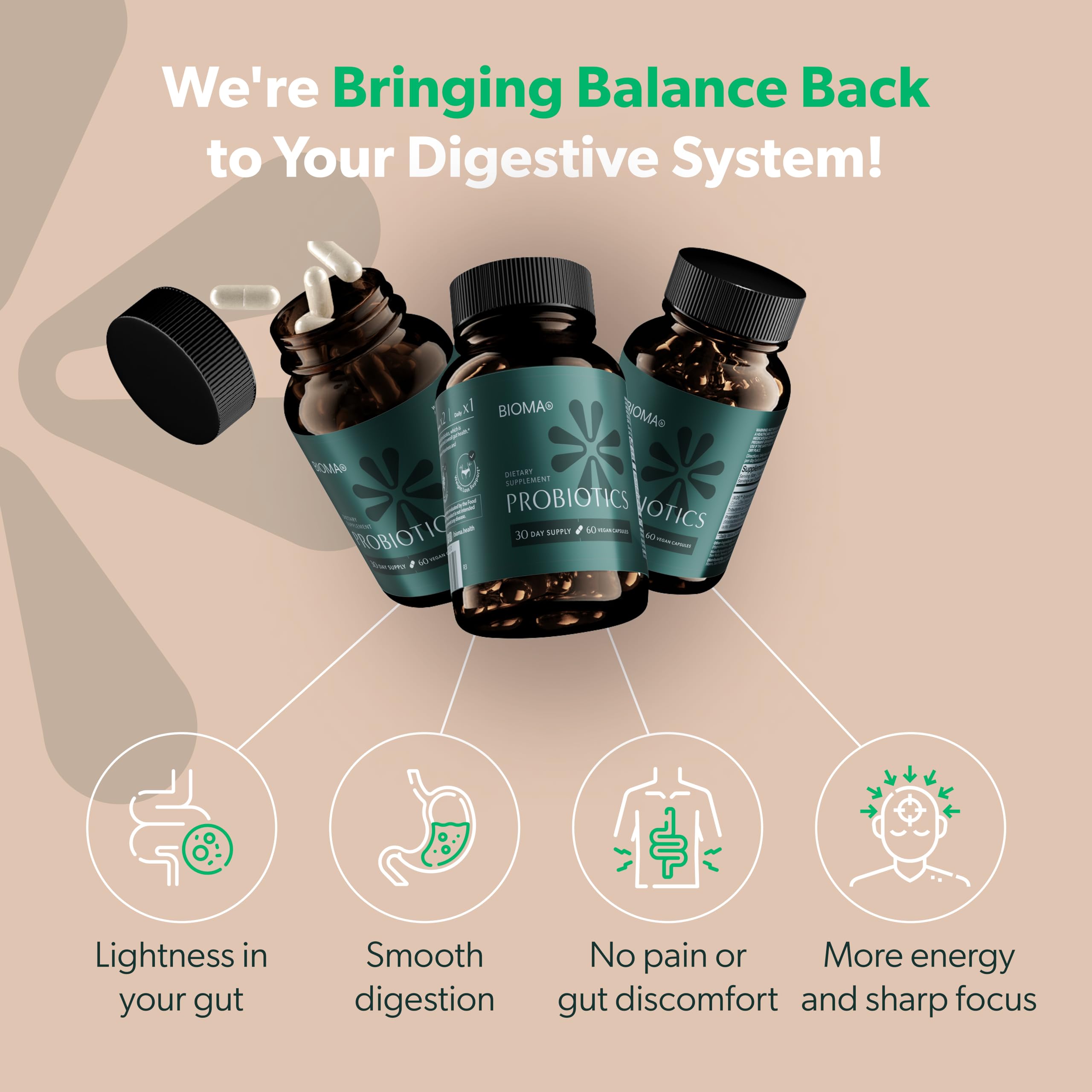 BIOMA Probiotics Digestive Health Gut Support for Men & Women 60 Capsules