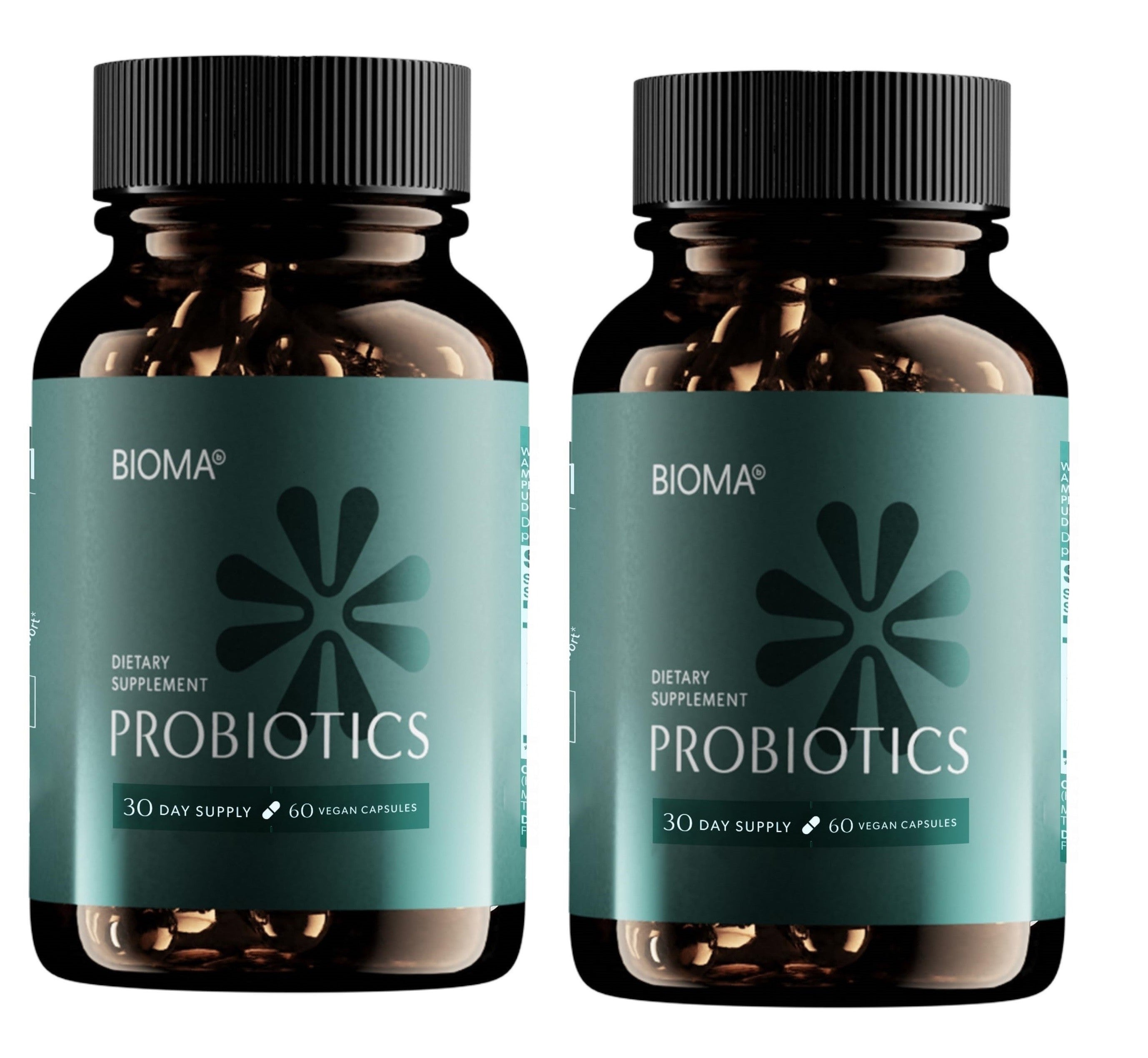Two bottles of Bioma Probiotics on a white background