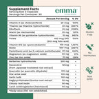 Emma Gut Health Supplement - 60 Capsules - Relief from Gas and Bloating Supplement facts label for Emma by Enchanted Botanicals on a green and beige background