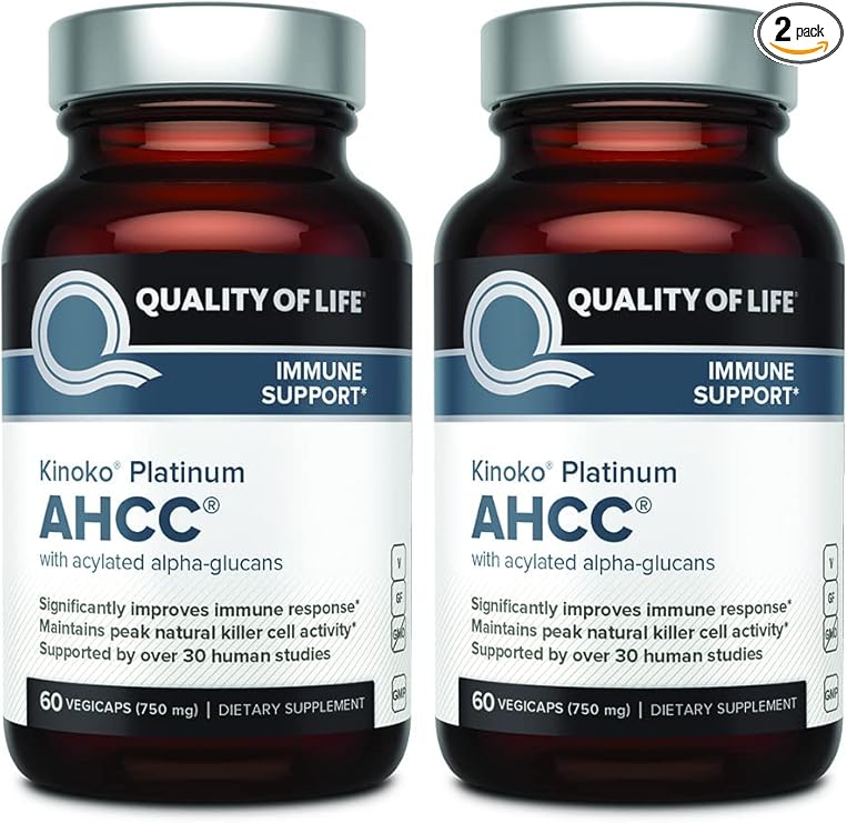 Quality of Life Premium Kinoko Platinum AHCC Herbal Supplement, 750mg per Capsule, for Immune Support, Liver Function, Maintains Natural Killer Cell Activity, Pack of 1, 60 Veggie Capsules